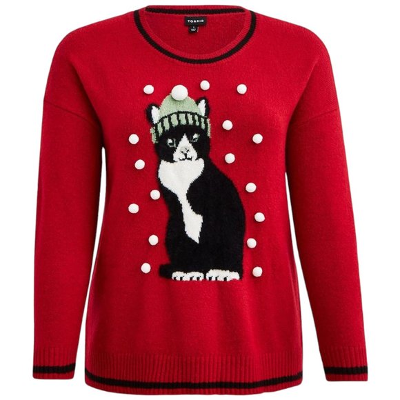 torrid Sweaters - TORRID Size M/L 00- Oversized Pullover Cat Crew Neck Red Sweater NEW